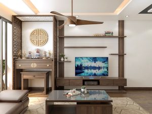 Bàn thờ gia tiên hiện đại được gia chủ đặt bên cạnh kệ tivi