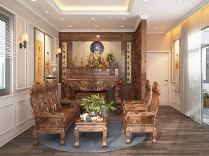 Bàn thờ nhà cấp 4 được đặt bên trái phòng khách